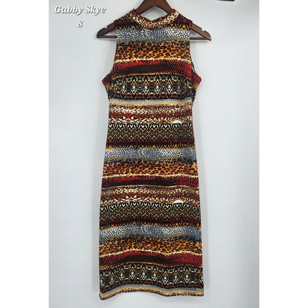 Gabby Skye Mock Neck Sheath Dress Animal Aztec Print Midi Stretch Size 8